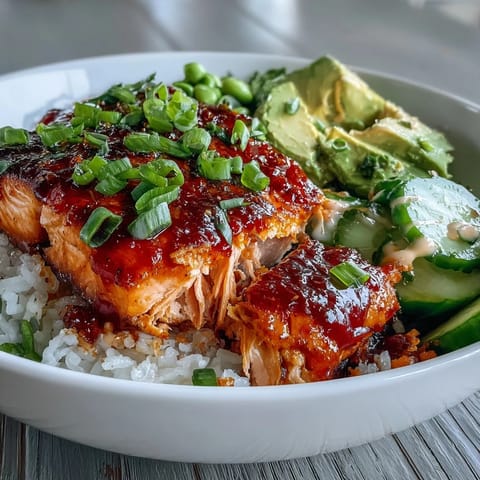 Pan-fried salmon fillets glistening with honey sriracha glaze over fluffy jasmine rice and crisp cucumber slices.