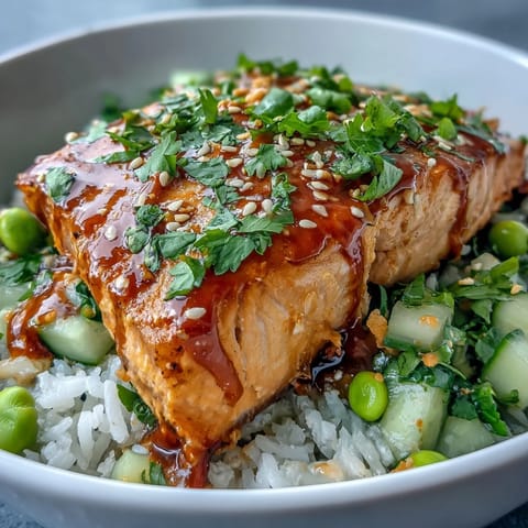 Flaky baked salmon rests over fluffy jasmine rice, drizzled with creamy bang bang sauce and topped with cucumber-edamame salsa.