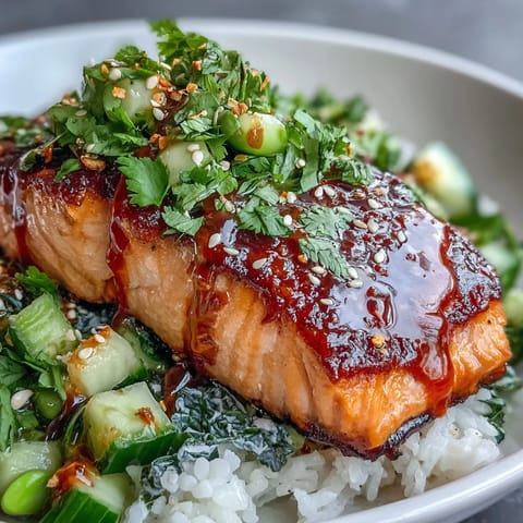 A close-up of a Bang Bang Salmon Bowl showcases crisp vegetables and a spicy-sweet sauce for a vibrant, fresh meal.
