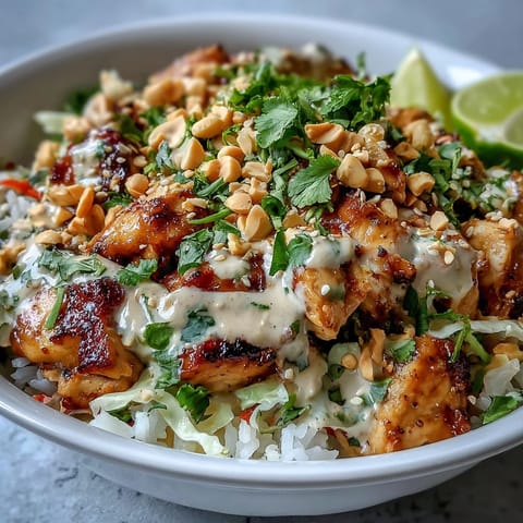 Steamed coconut rice and sautéed chicken topped with fresh carrots and cilantro in a bowl.