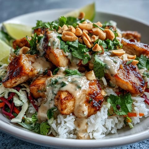 Peanut Chicken Protein Bowl drizzled with creamy Thai-inspired peanut sauce and lime wedges.