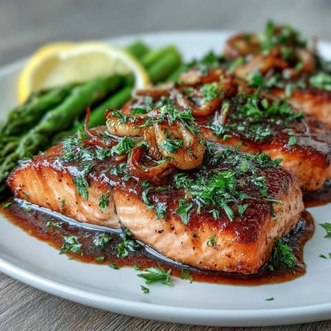Garlic butter salmon with asparagus, roasted to perfection with lemon and herbs, served on a baking sheet.