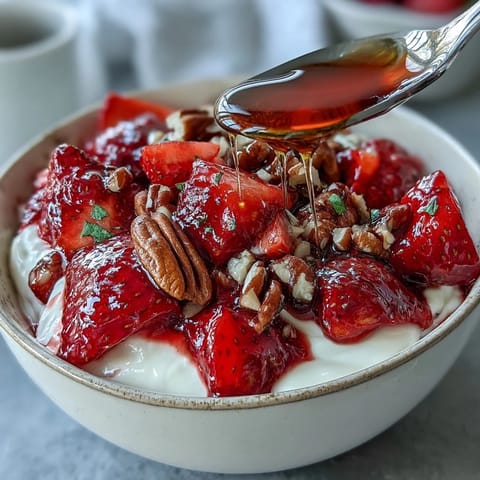 Fresh strawberry compote swirls over creamy Greek yogurt with crunchy nuts and a honey drizzle.