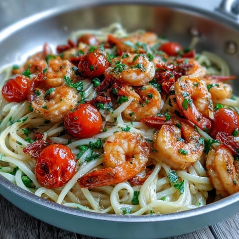 A vibrant one-pot garlic shrimp with angel hair pasta, bursting with fresh spring vegetables and zesty lemon.