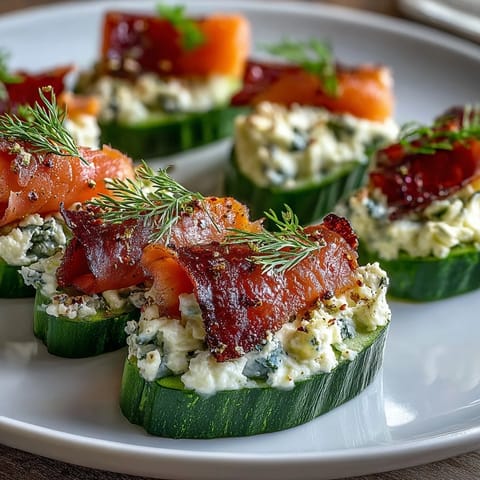 Cucumber Bites with Cream Cheese and Smoked Salmon - crisp cucumber rounds topped with creamy dill-infused cheese and savory smoked salmon, garnished with capers.