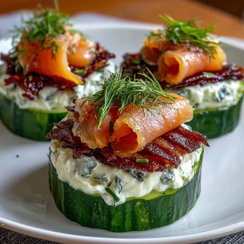 Creamy cucumber appetizers featuring tangy cream cheese, smoked salmon ribbons, and fresh dill - a perfect no-cook party snack for summer entertaining.