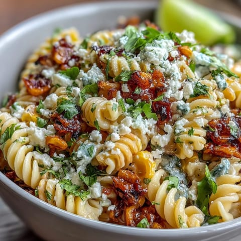Vibrant Mexican Street Corn Elote Pasta Salad with charred corn, cotija cheese, and tangy lime dressing in a colorful bowl.