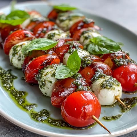 Caprese skewers with pesto drizzle feature cherry tomatoes, mozzarella, and basil for a fresh appetizer.