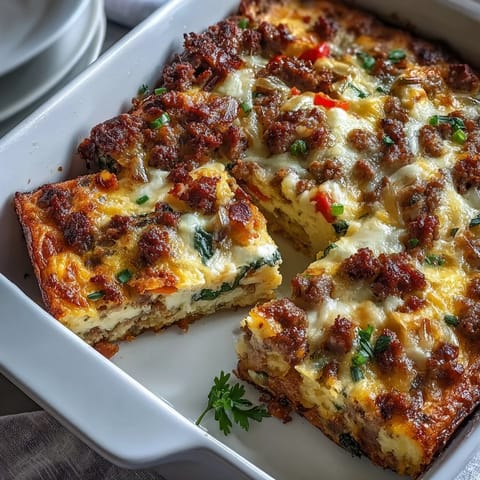 Hearty overnight Amish breakfast casserole with sausage, eggs, and cheese, ready for a hungry crowd.
