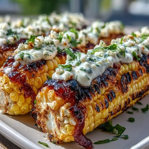 Mexican street corn elote, charred on the grill and topped with tangy sauce, cheese, and fresh cilantro.