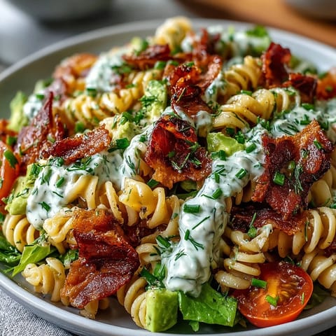 BLT pasta with avocado ranch in a creamy, colorful salad bowl with crispy bacon and fresh lettuce.
