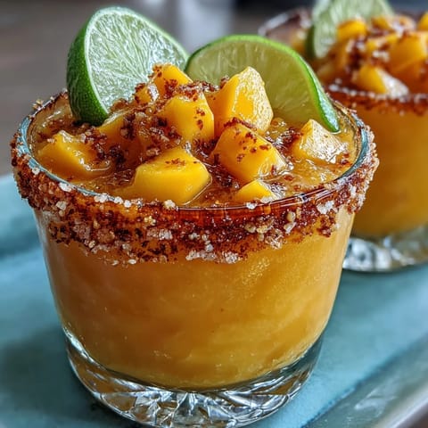 Frozen mango margarita mocktail with a salted rim, served in a frosty glass with lime wedges and fresh mango slices.  
