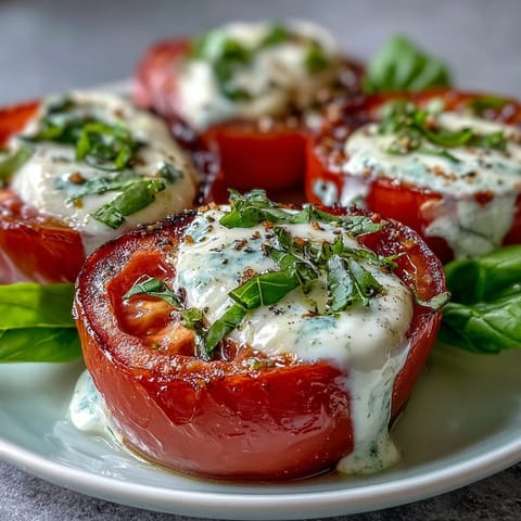 Fresh Caprese Salad with Basil Oil Drizzle showcasing ripe tomatoes and mozzarella on a platter.