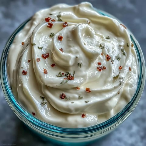 A jar of homemade mayonnaise in 5 minutes, rich and glossy, made with an immersion blender.