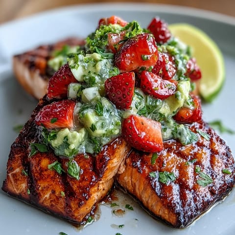Flaky grilled salmon fillets showcasing vibrant strawberry avocado salsa, perfect for dinner.
