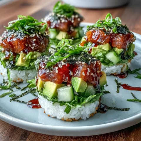 Crispy Rice Salad with Avocado and Spicy Tuna, golden fried squares topped with vibrant, zesty tuna.