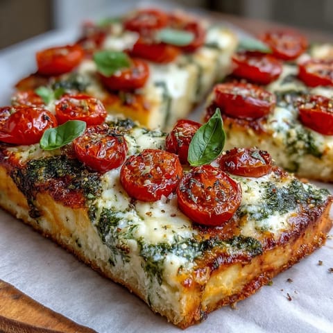 Viral Cottage Cheese Flatbread topped with vibrant pesto and juicy tomatoes.