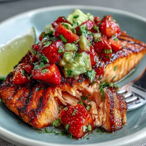 Juicy grilled salmon topped with colorful strawberry avocado salsa, a delightful summer entrée.