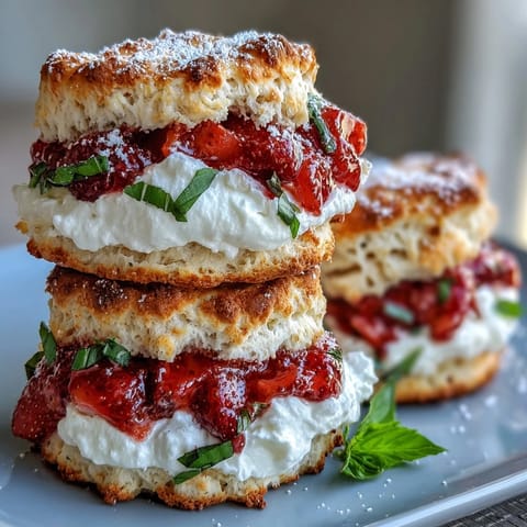 Golden Strawberry Basil Shortcake Biscuits piled high with fresh berries and fluffy cream.