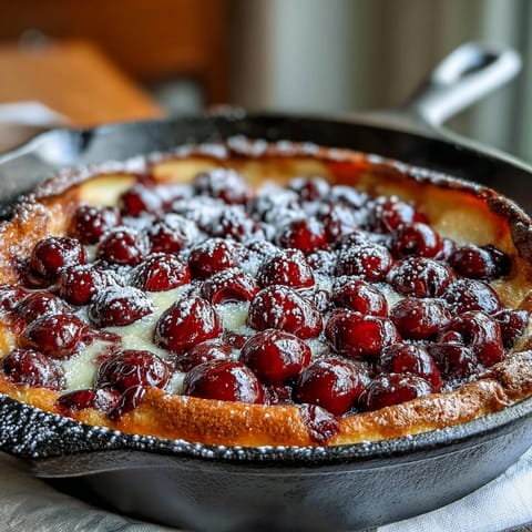 Warm, puffy French clafoutis bursting with sweet, tender fresh cherries.