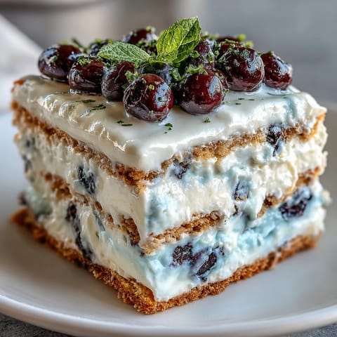 Lemon Blueberry Icebox Cake: Tangy lemon cream, blueberries, and graham crackers chilled perfectly.
