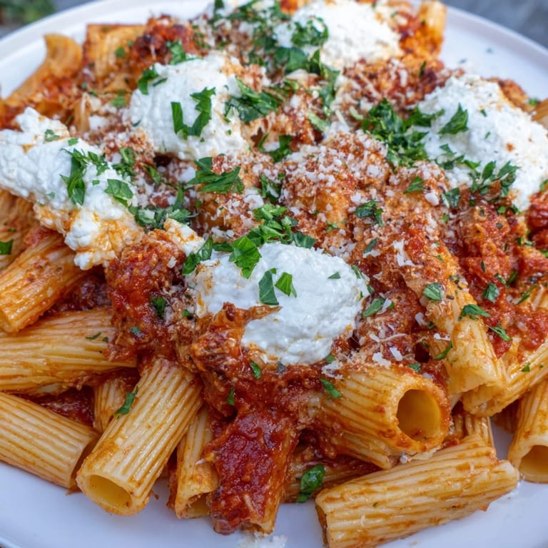 A close-up shot of the baked ziti, glistening with cheese and a flavorful tomato sauce.