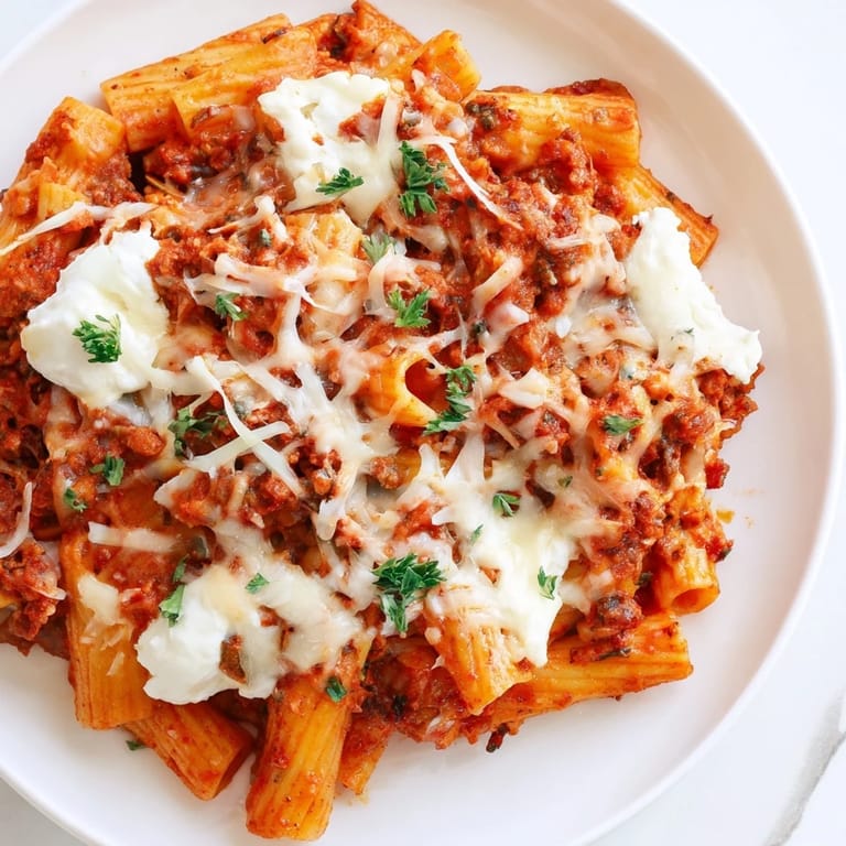 Savory baked ziti, steaming hot, presenting a classic vegetarian comfort food dish.