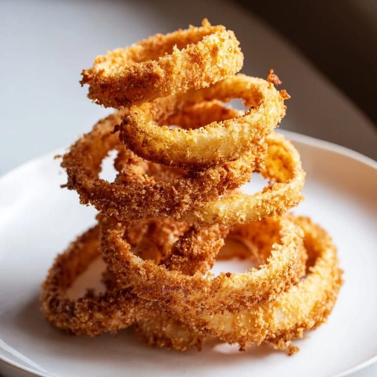 Close-up of golden onion rings, hot and crispy, perfect with your favorite dipping sauce.