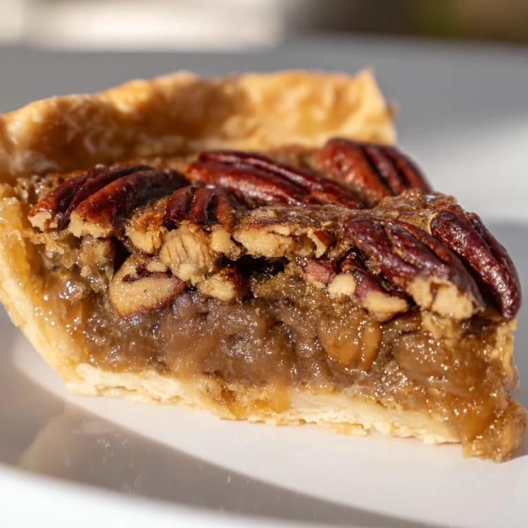 Close-up of a slice of decadent Southern pecan pie, showcasing the crunchy pecan topping.