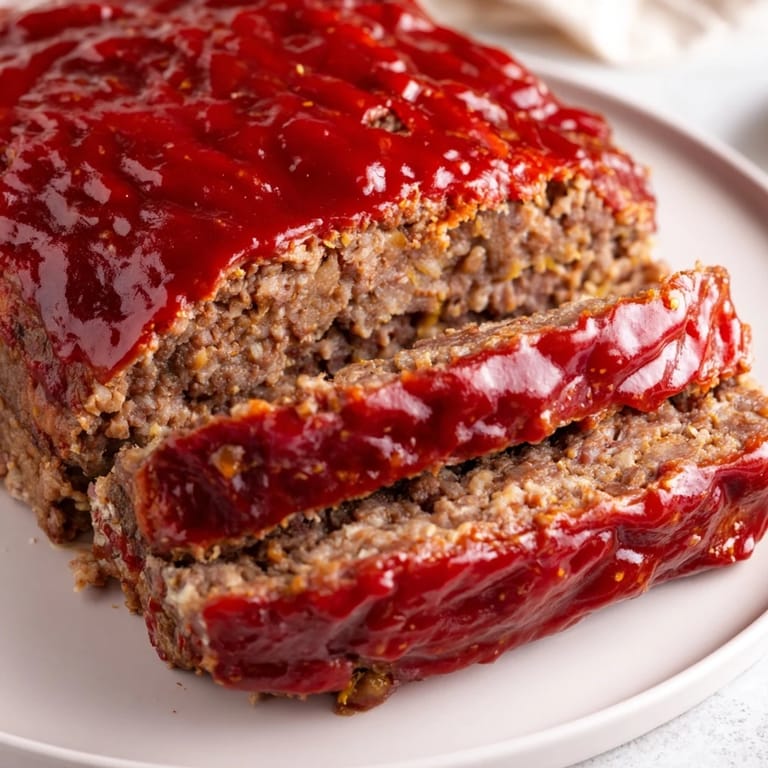 A hearty meatloaf, homemade with seasoned ground beef, features a glistening ketchup glaze.
