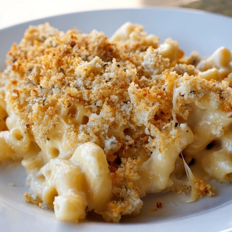 Close-up of freshly baked macaroni and cheese, showing a rich and bubbling cheese sauce.