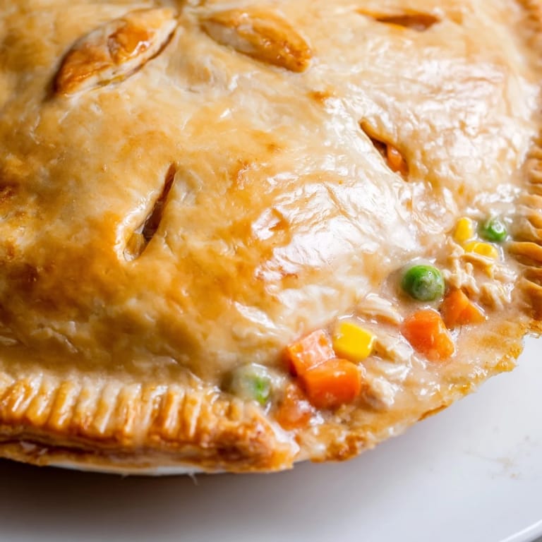 Creamy chicken and vegetable filling oozing from a freshly baked Chicken Pot Pie, delicious!