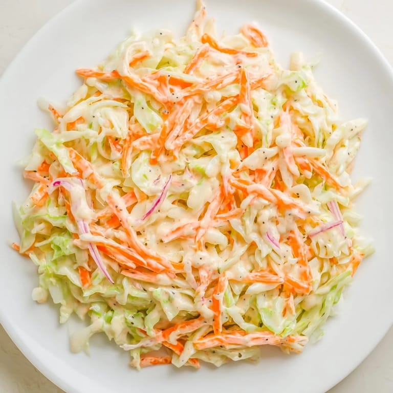 Shredded cabbage coleslaw, perfectly dressed for a classic picnic side dish you'll savor.