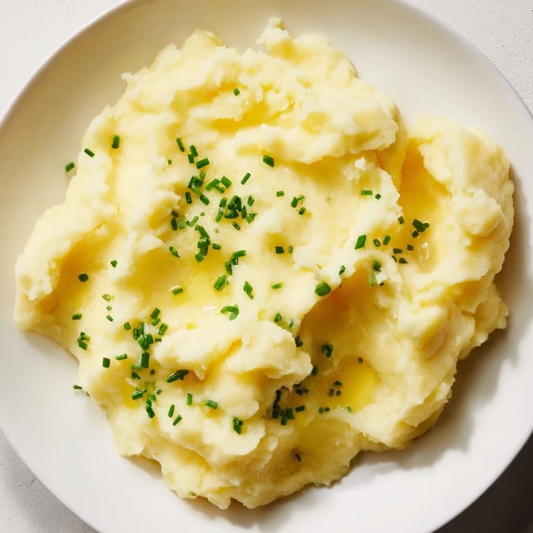 Buttery mashed potatoes, served in a bowl, perfect for complementing a juicy roast, garnished with herbs.