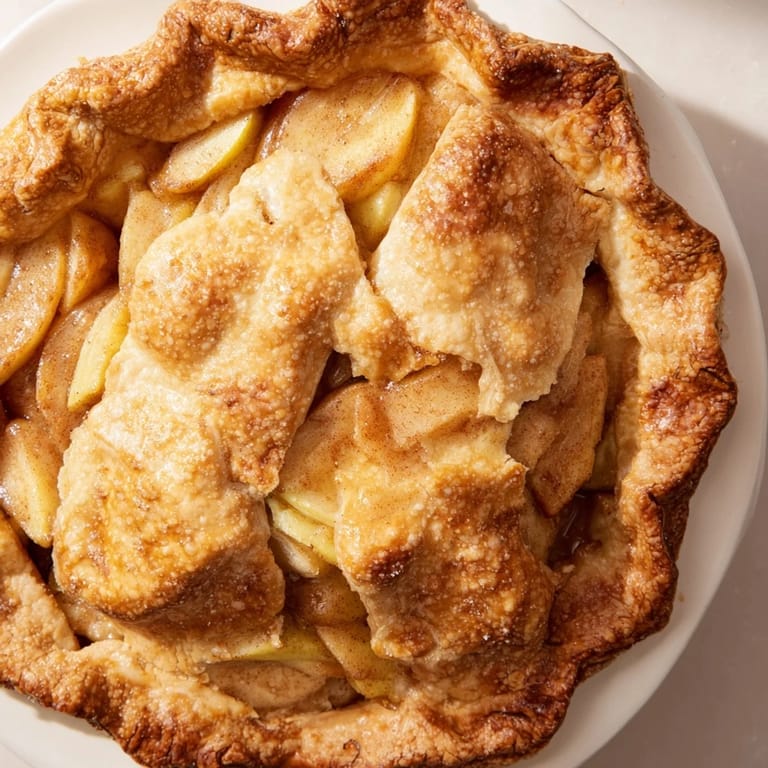 A close-up of a perfectly baked Apple Pie, showcasing a flaky crust and bubbling fruit filling.