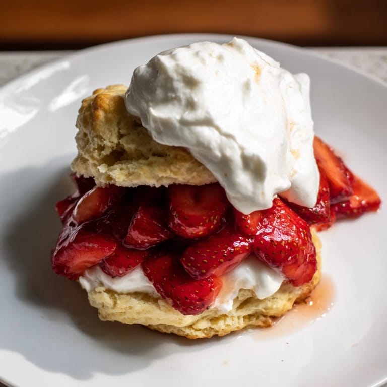 Golden-brown strawberry shortcake biscuits layered with sweet strawberries and fluffy cream; delicious!