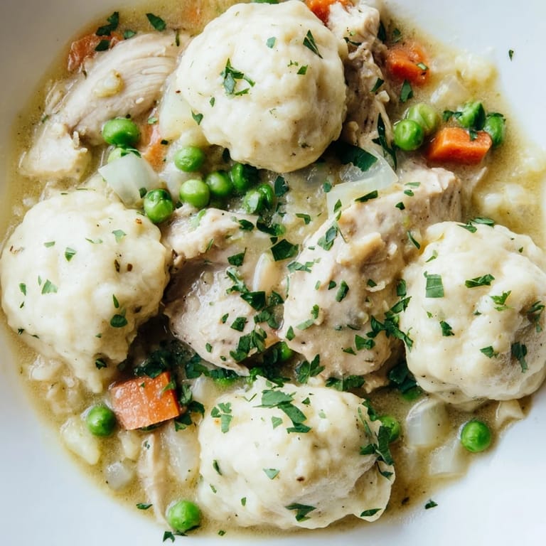 Flavorful, homemade chicken and dumplings bubbling in a pot, ready for cozy supper.