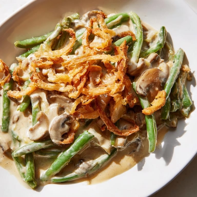 This warm and inviting shot shows classic Green Bean Casserole with crunchy onion topping, perfect for Thanksgiving.
