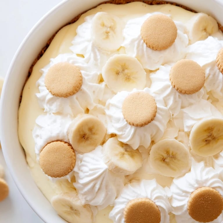 Freshly scooped, chilled banana pudding with whipped cream on top, ready to serve and enjoy.