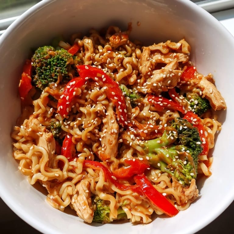 A colorful serving of Spicy Ramen Stir-Fry in a white bowl, garnished with green onions and toasted sesame seeds.  