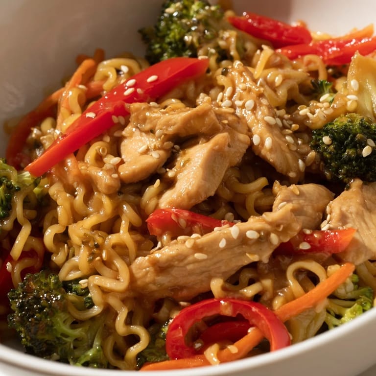 A steaming pan of Spicy Ramen Stir-Fry features julienned carrots, bell peppers, and noodles coated in a bold, spicy glaze.