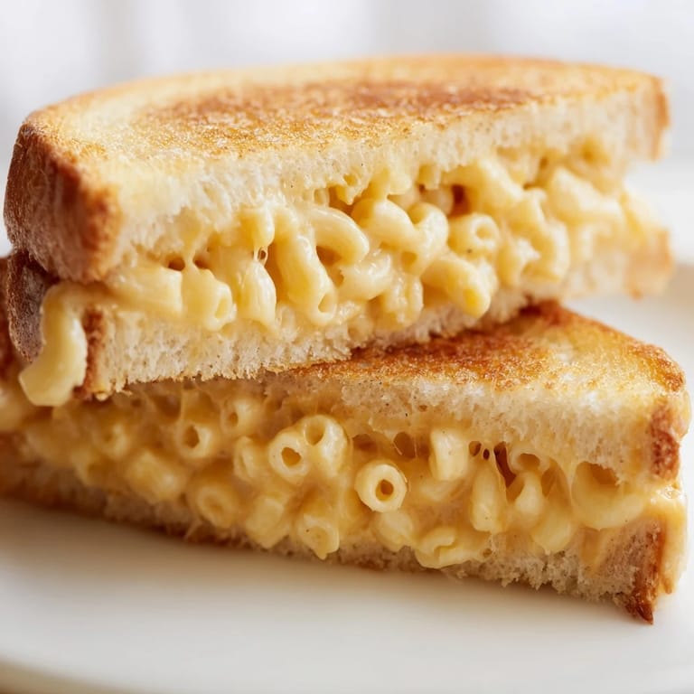 Two stacked Mac & Cheese Grilled Cheese sandwiches melt with cheddar, served beside a bowl of tomato soup.