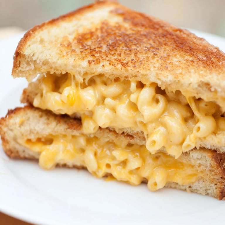 Buttery toasted bread cradles cheesy macaroni filling in a golden-brown Mac & Cheese Grilled Cheese, sliced open.