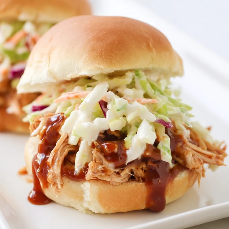 Homemade BBQ chicken sliders featuring shredded meat, tangy slaw, and soft buns on a rustic table.