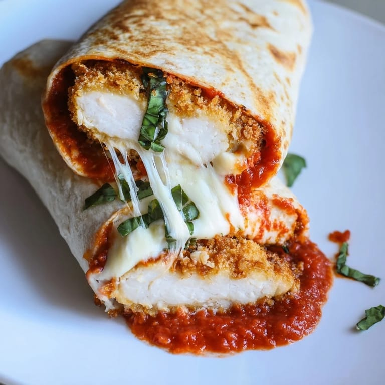 A handheld Crispy Chicken Parm Wrap served with extra marinara sauce for dipping, perfect for a quick Italian dinner.