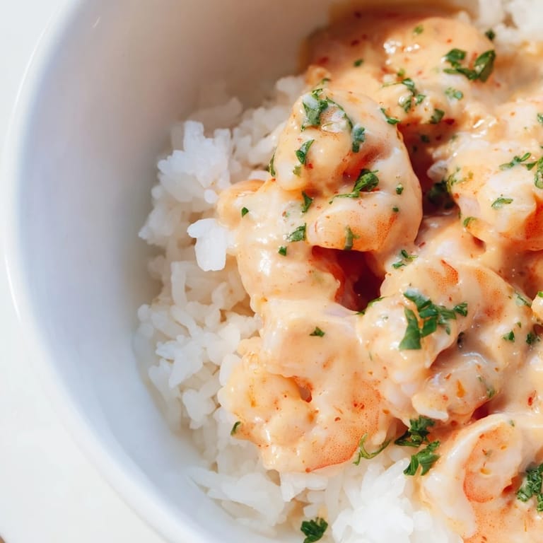 Creamy Cajun Shrimp Rice Bowl garnished with fresh parsley and lemon for serving.