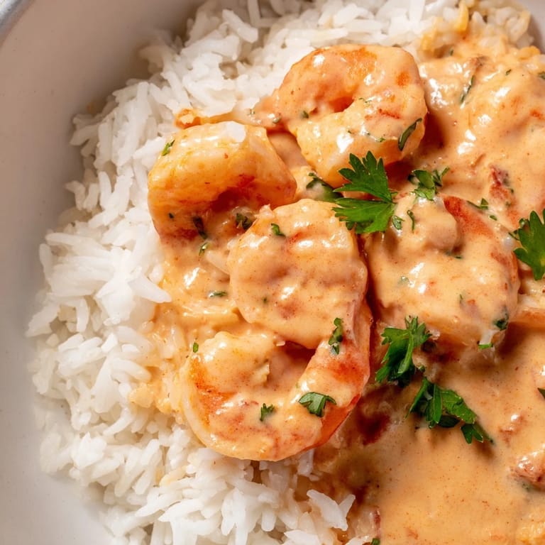 A close view of the Creamy Cajun Shrimp Rice Bowl, with creamy sauce coating each shrimp.