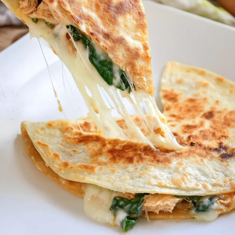 Perfectly golden Chicken and Spinach Quesadilla fresh from the skillet, showing spinach and shredded chicken through the melted cheese.