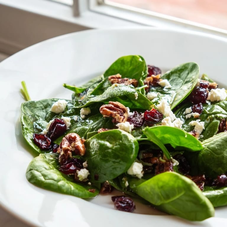 Fresh baby spinach and candied pecans in a spinach goat cheese salad, tossed with balsamic vinaigrette on a rustic wooden table.