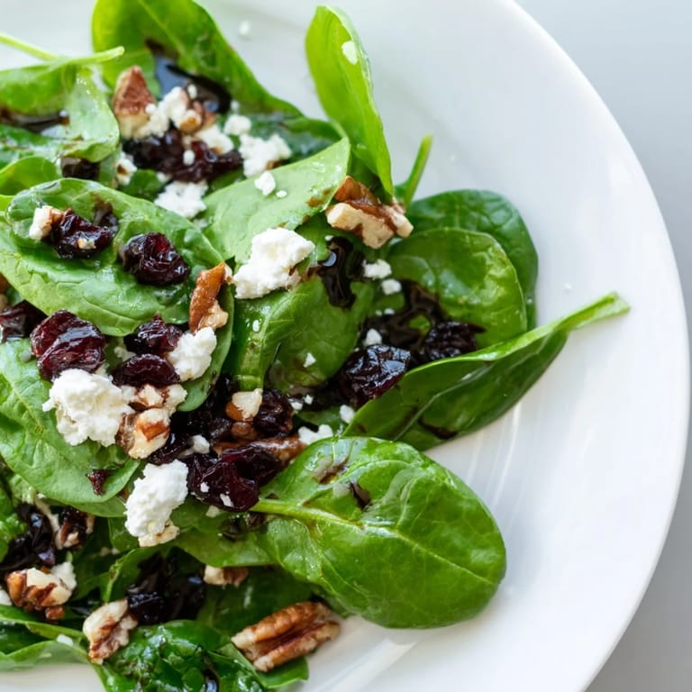 Spinach goat cheese salad for a light lunch, featuring bright greens, cranberries, and pecans with tangy balsamic drizzle.